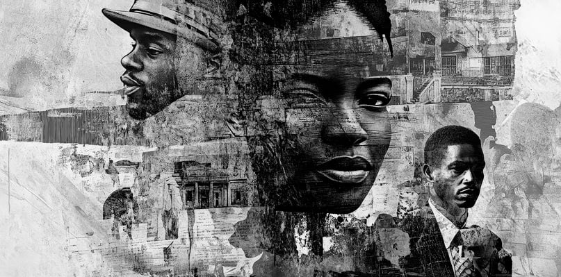 Powerful portrait featuring african american figures amidst urba